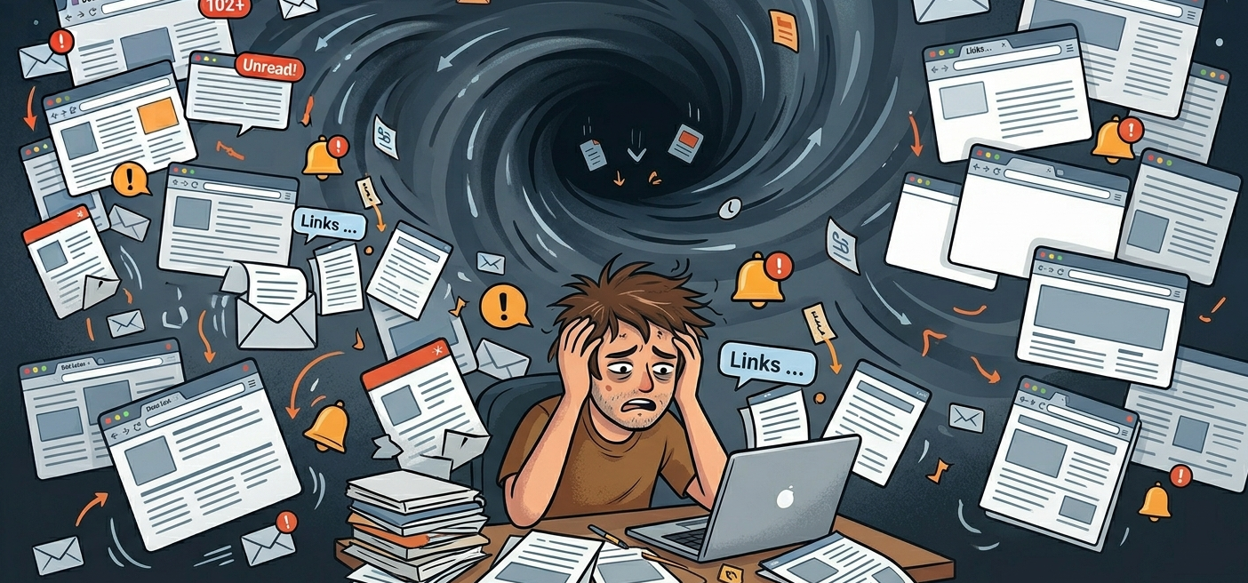 Overwhelmed by unread links, bookmarks, and notifications swirling into a void
